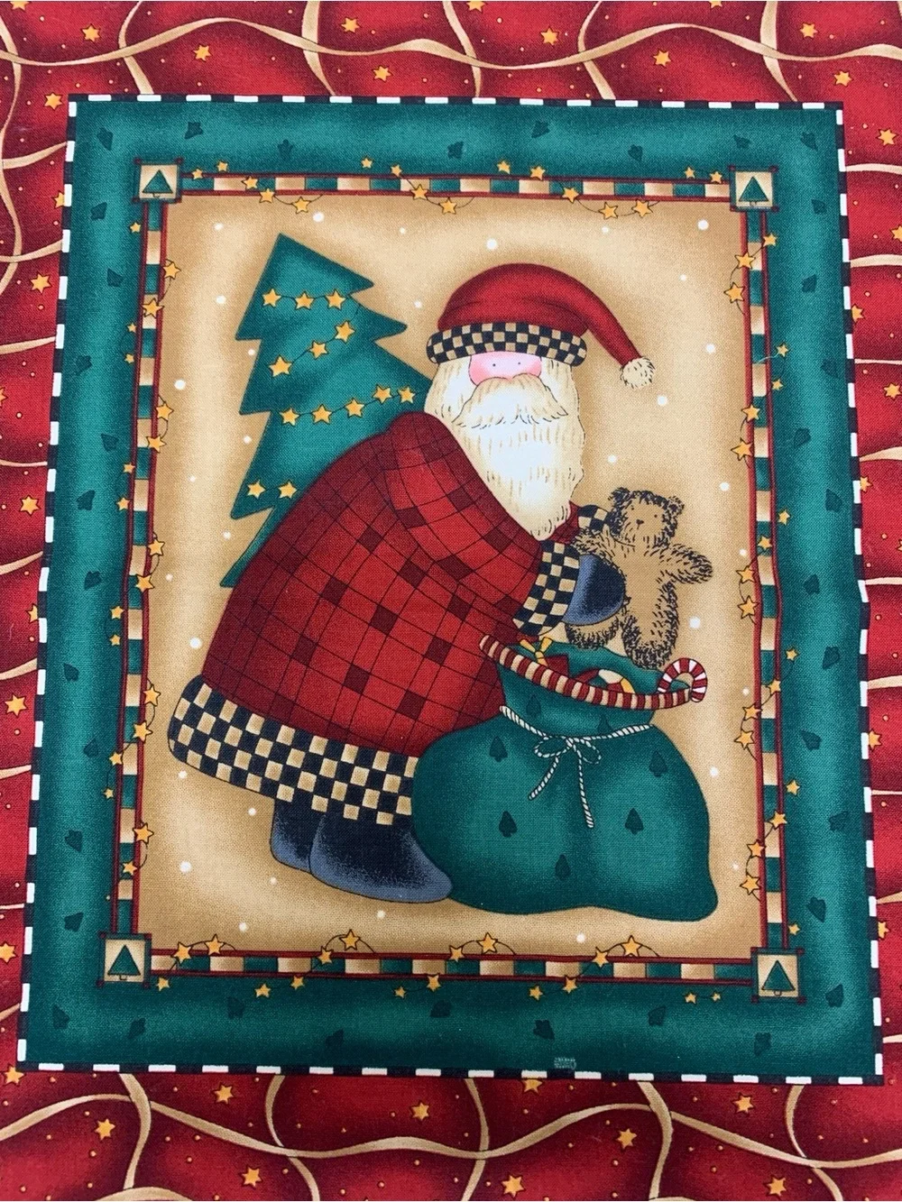 Festive Santa Holiday Single Block Fabric Panel Unfinished Red & Green 14” x 16”